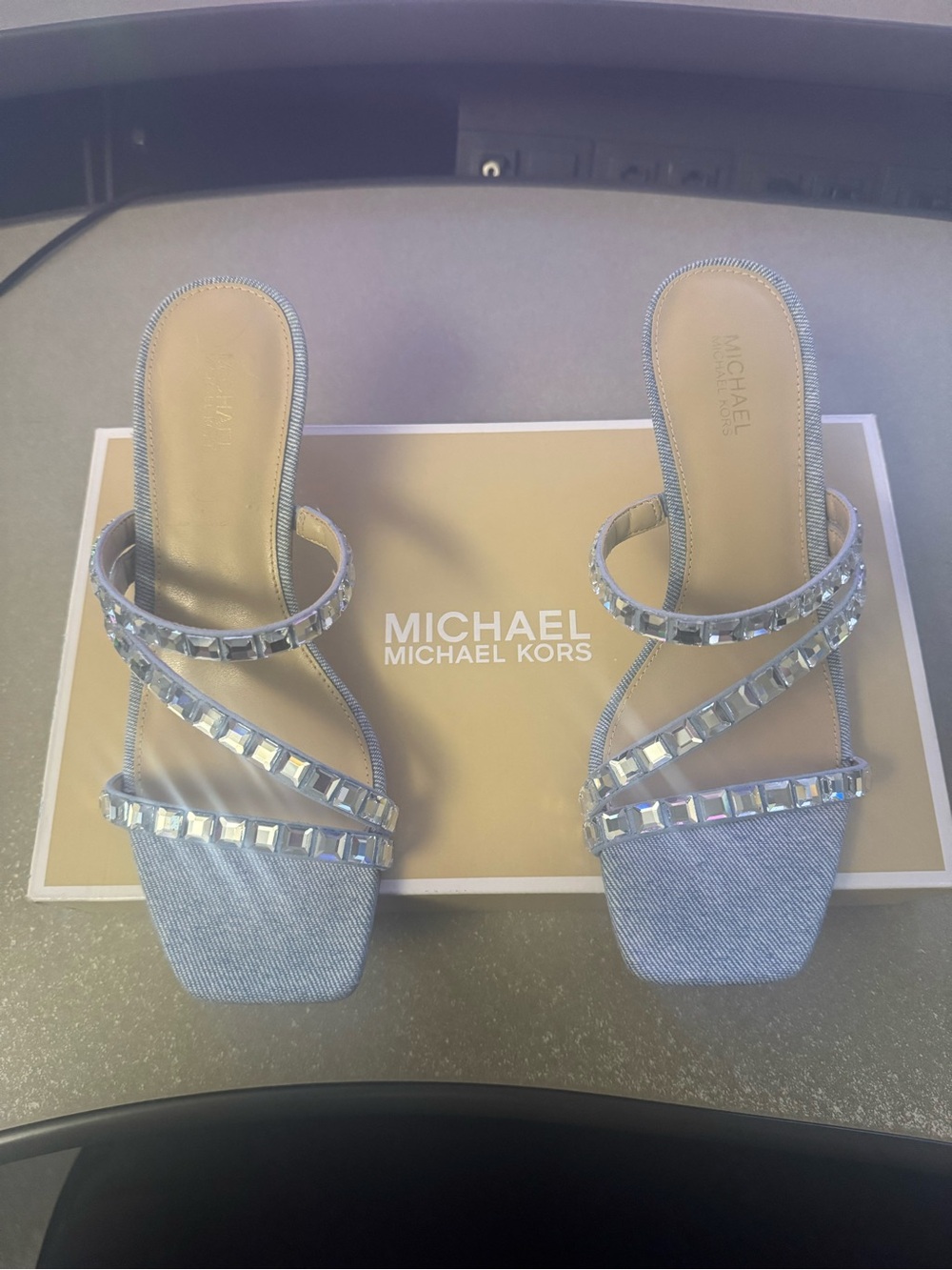 Michael Kors Light Blue Denim Gem-Embellished Slide Mules